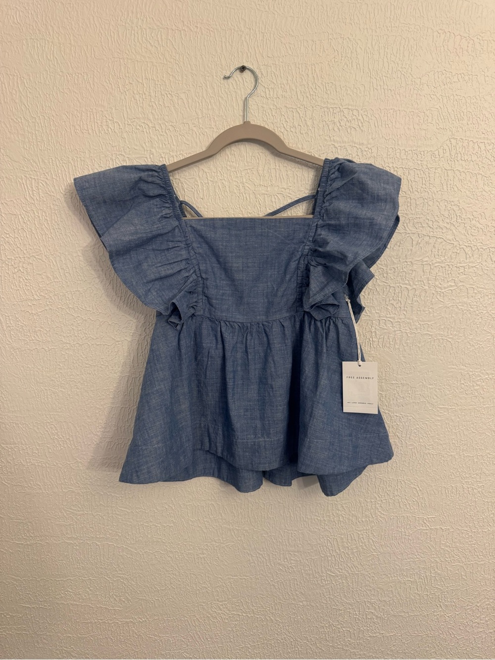Ruffled Chambray Square-Neck Peplum Blouse - Blue